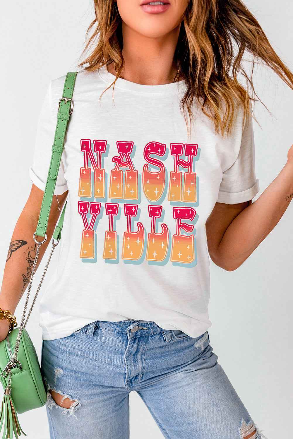 Letter Graphic Round Neck Short Sleeve T-Shirt - Lojy Shop