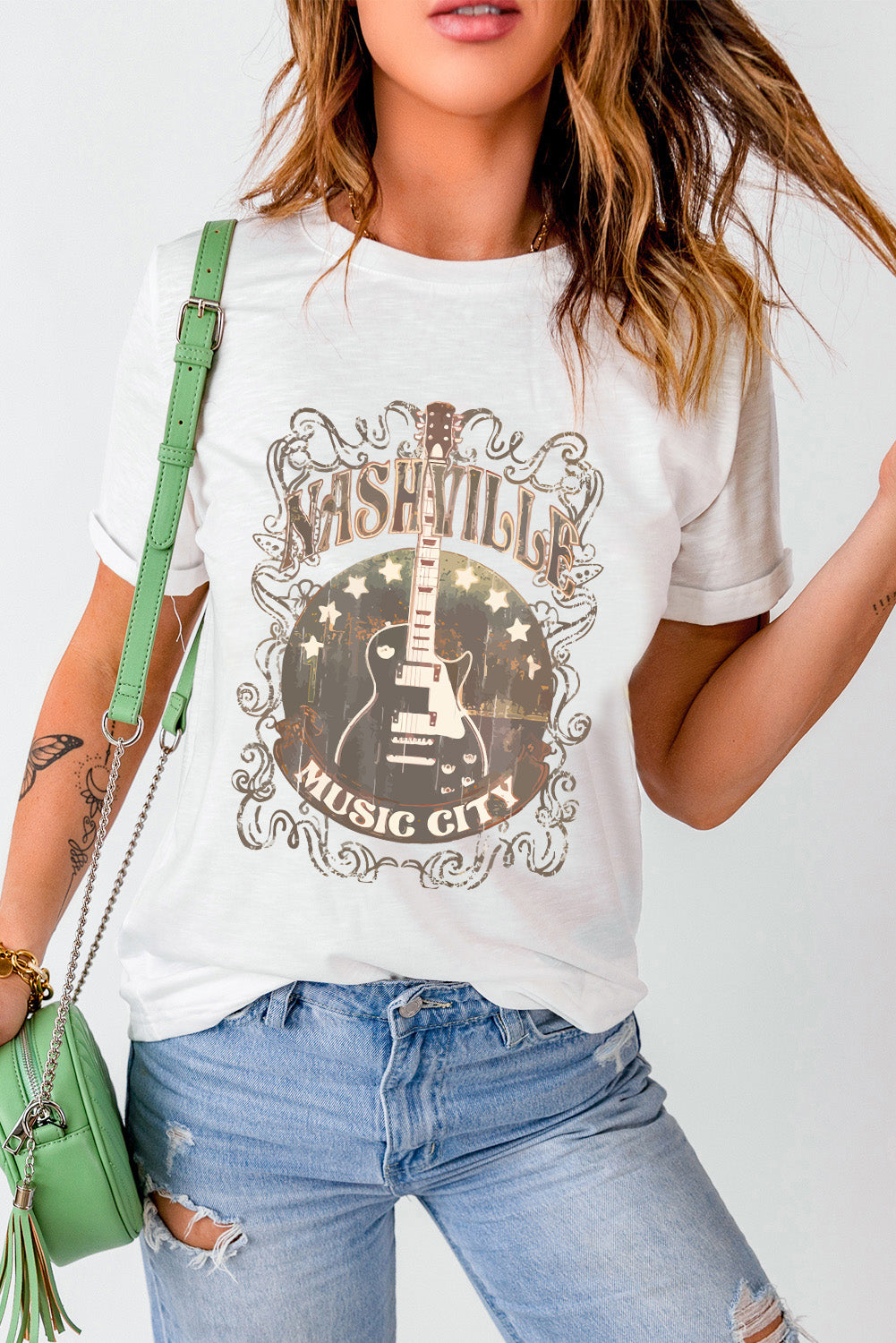 Guitar Graphic Round Neck Short Sleeve T-Shirt - Lojy Shop