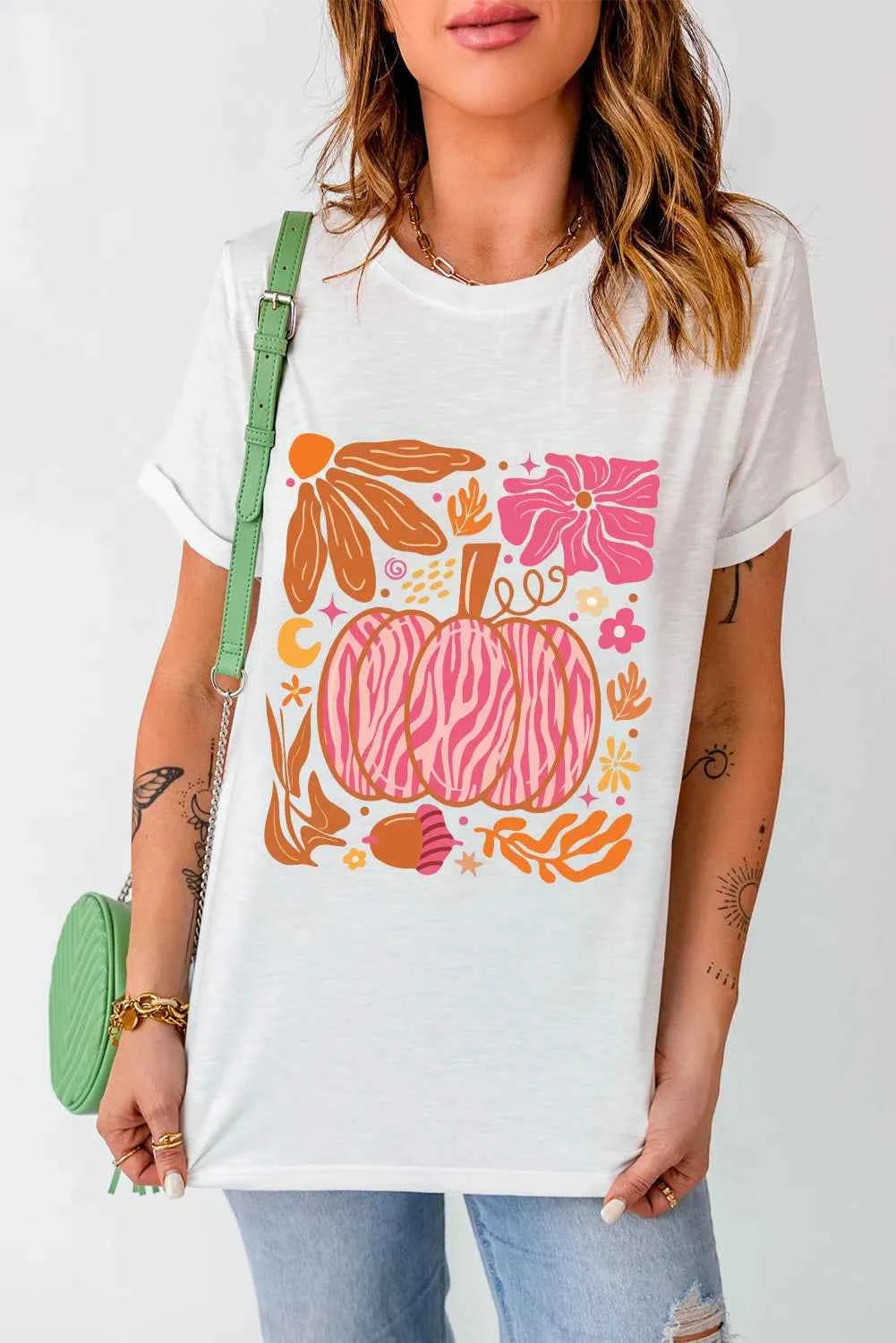 Graphic Round Neck Short Sleeve T-Shirt - Lojy Shop