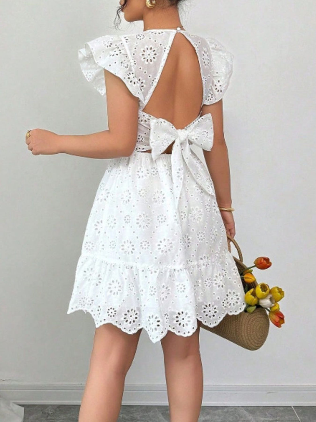Eyelet Ruffle Sleeve Mini Dress
