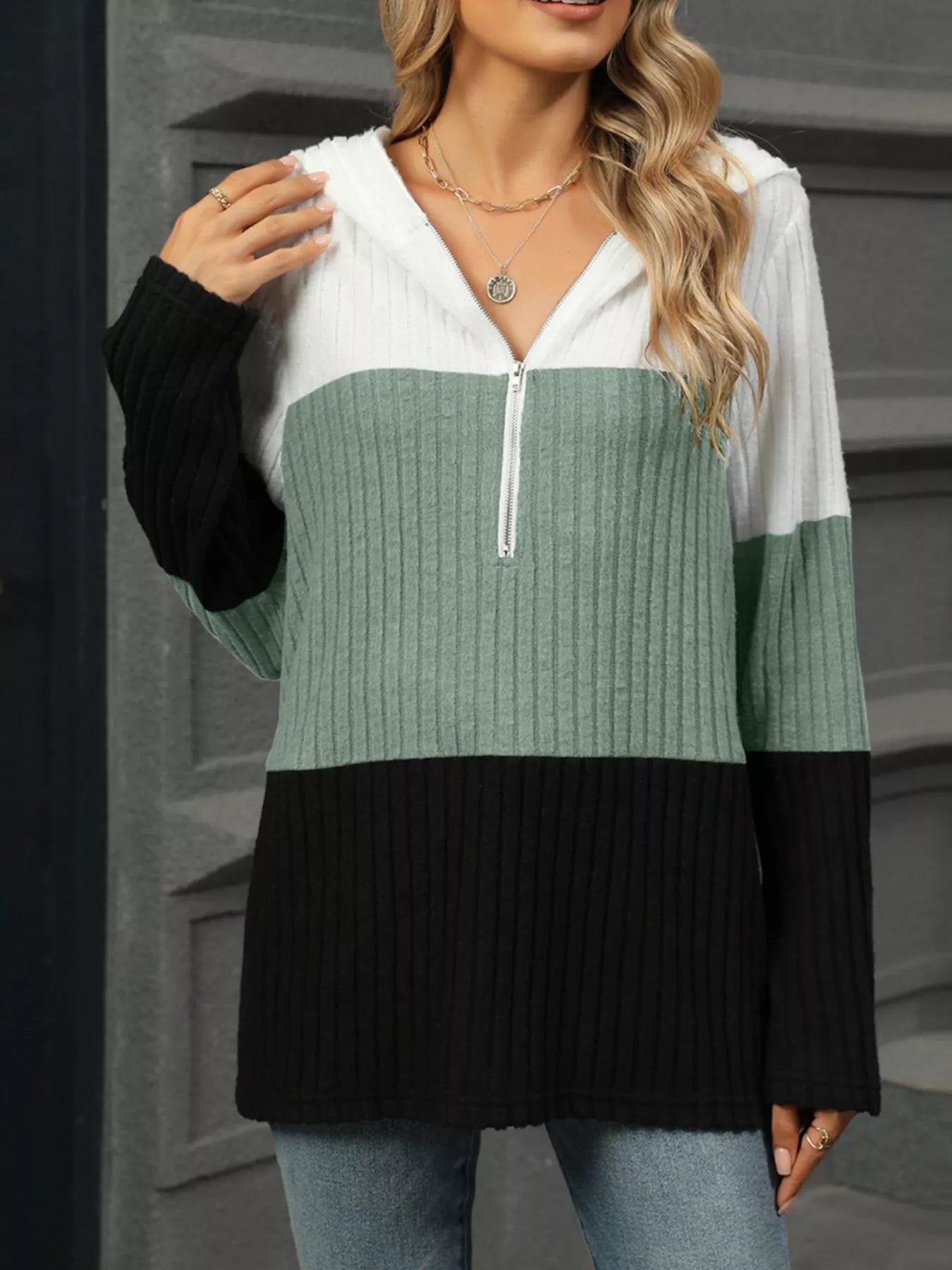 Color Block Half Zip Hooded Top