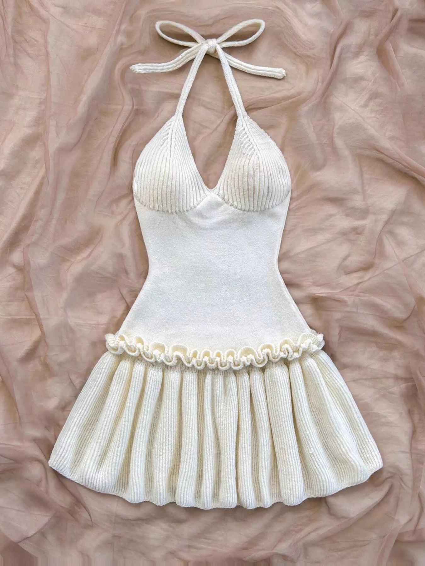 Halter Neck Ruffle Hem Knit Sweater Dress