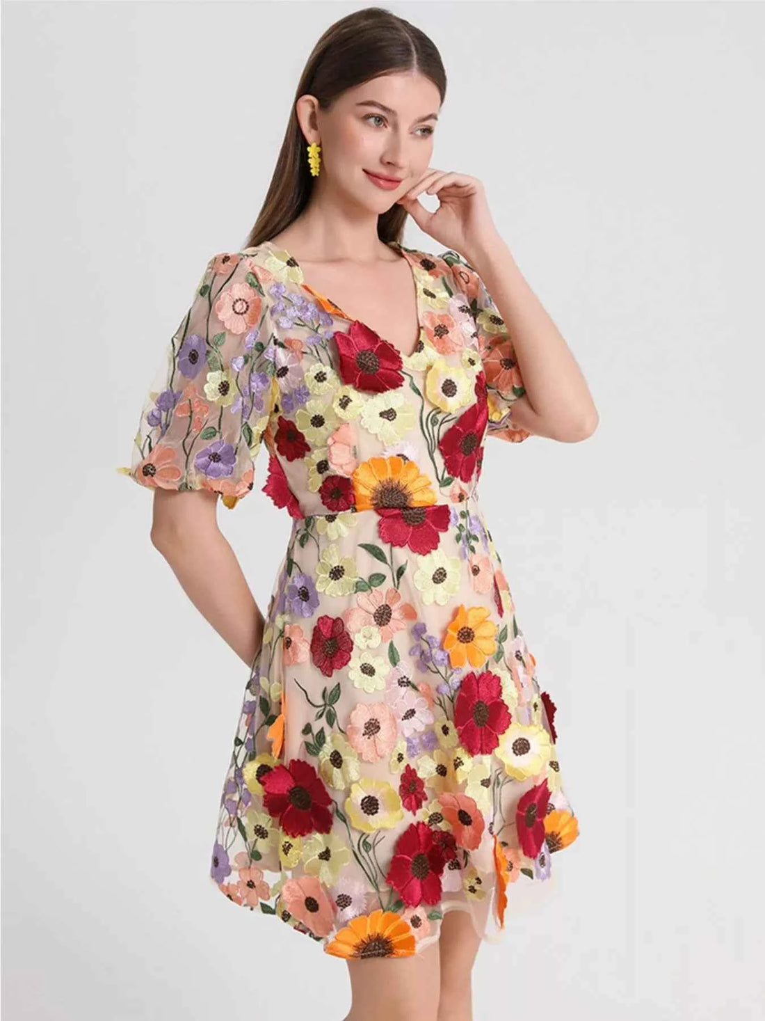 Plus Size Embroidered Floral V-Neck Mini Dress