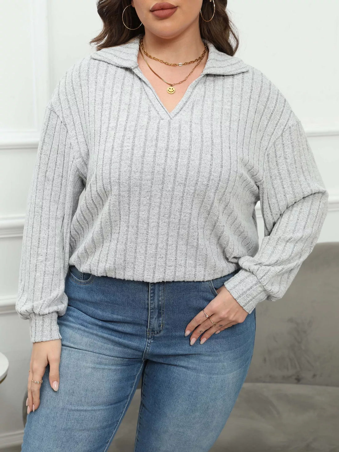 Plus Size Ribbed Knit Polo Collar T-Shirt