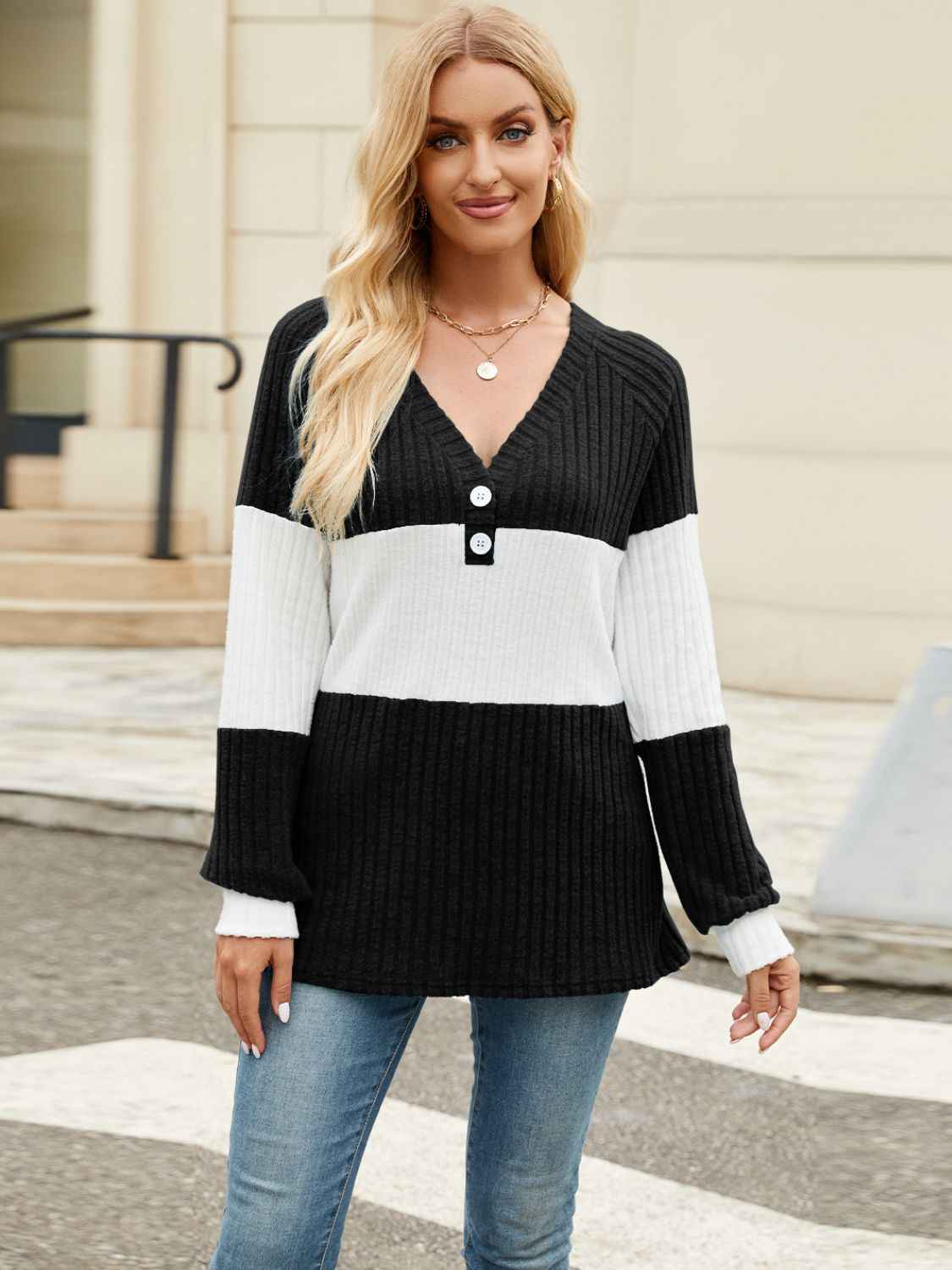 Color Block V-Neck Long Sleeve T-Shirt - Lojy Shop