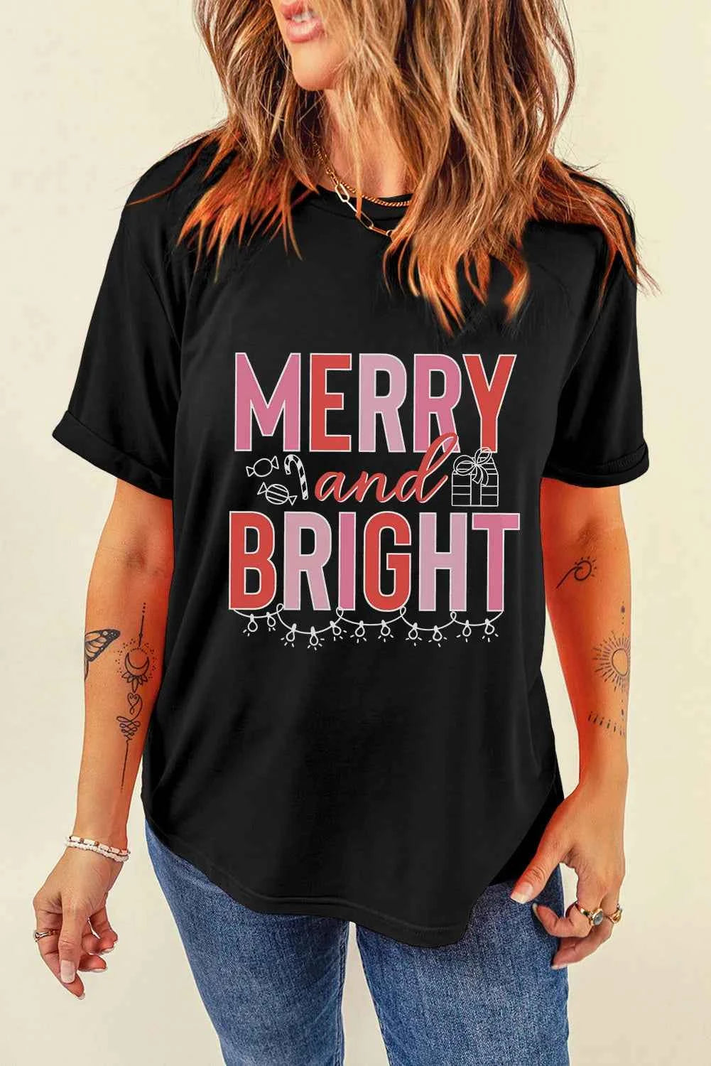 MERRY AND BRIGHT Round Neck Short Sleeve T-Shirt - Lojy Shop
