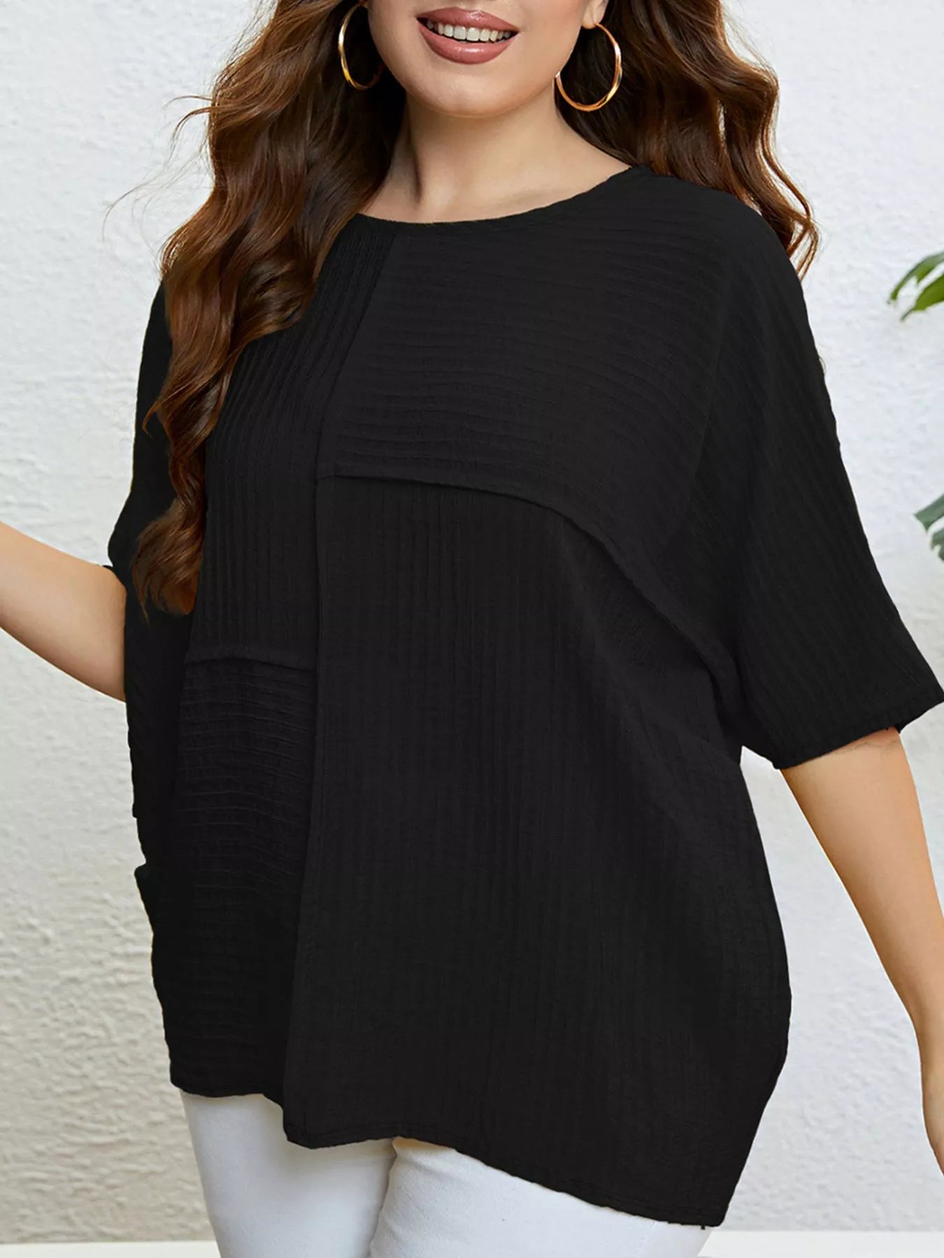 Plus Size Relaxed Fit Textured Half Sleeve T-Shirt