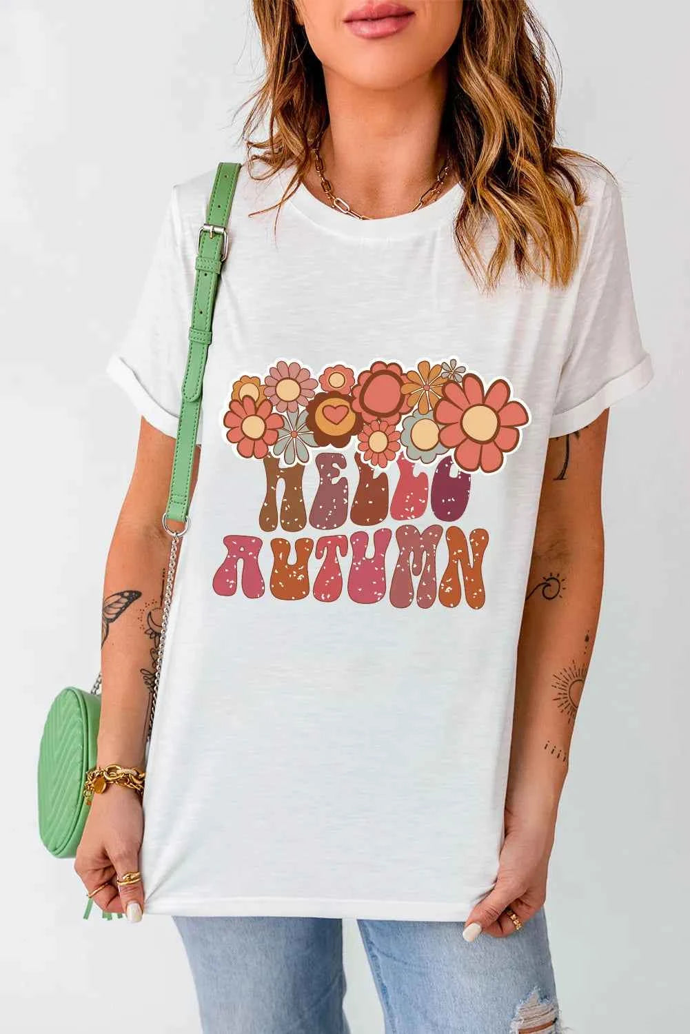Flower & Letter Graphic Round Neck Short Sleeve T-Shirt - Lojy Shop