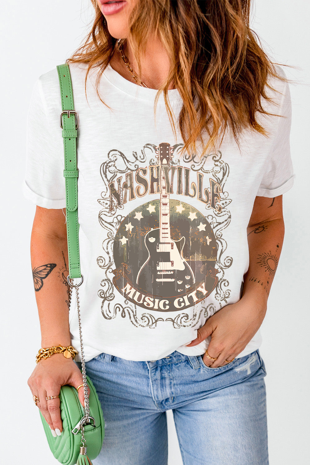 Guitar Graphic Round Neck Short Sleeve T-Shirt - Lojy Shop