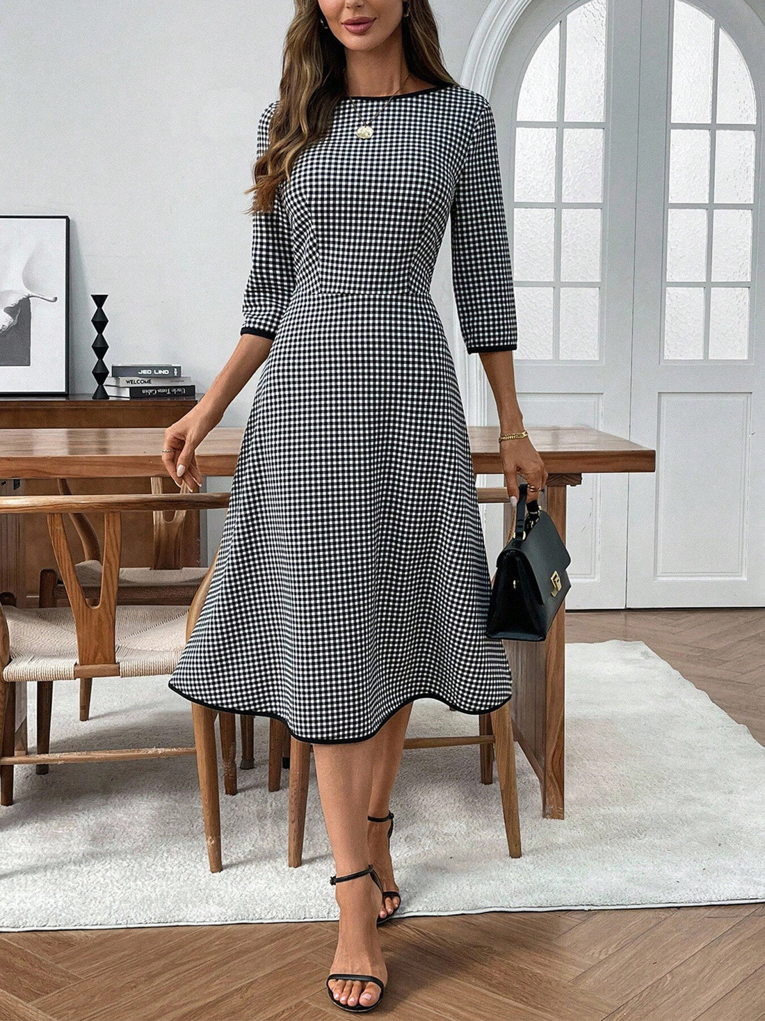 Plaid Round Neck 3/4 Sleeve Dress
