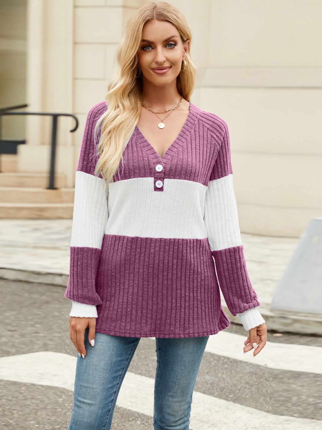 Color Block V-Neck Long Sleeve T-Shirt - Lojy Shop