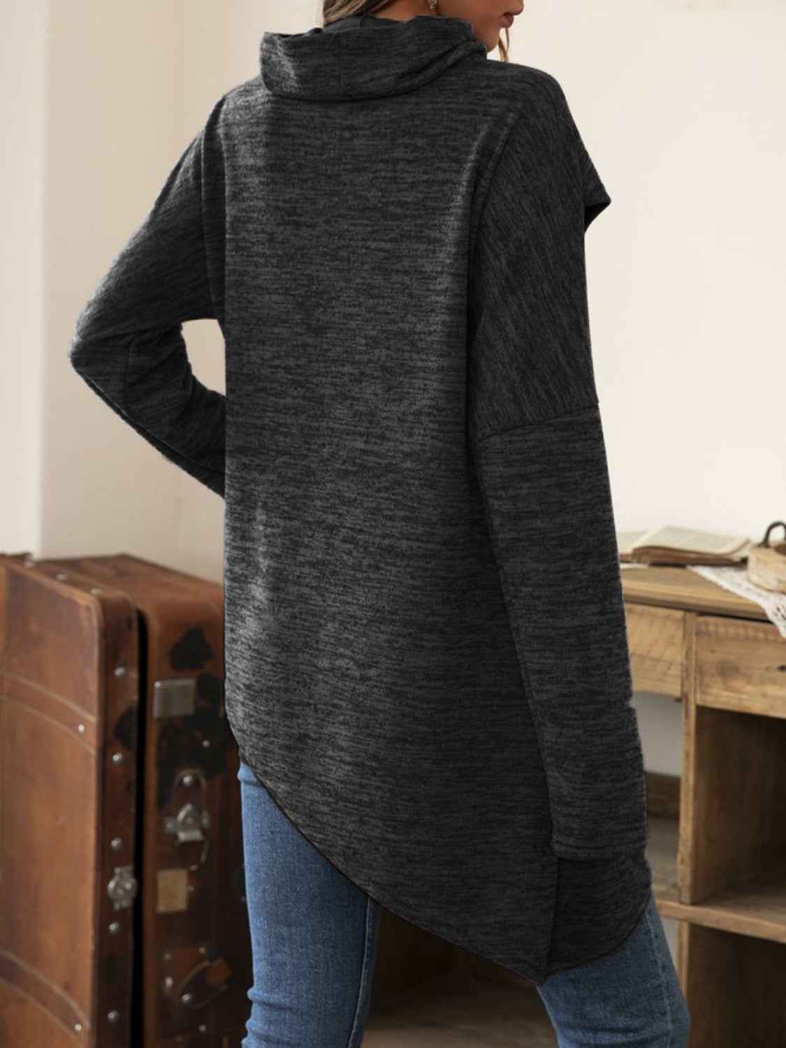 Asymmetrical Hem Cowl Neck Long Sleeve T-Shirt - Lojy Shop