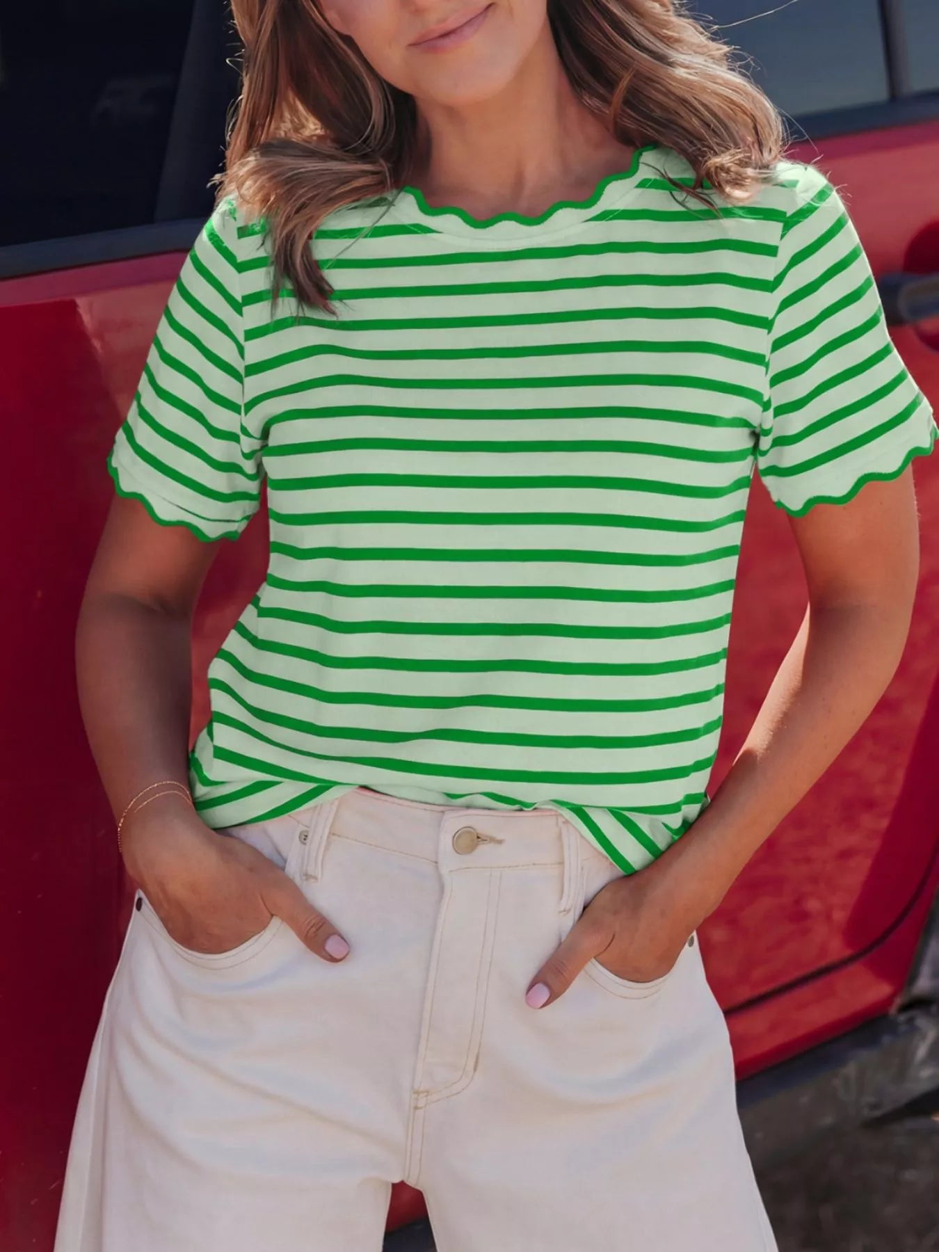Striped Scallop-Trimmed Round Neck T-Shirt