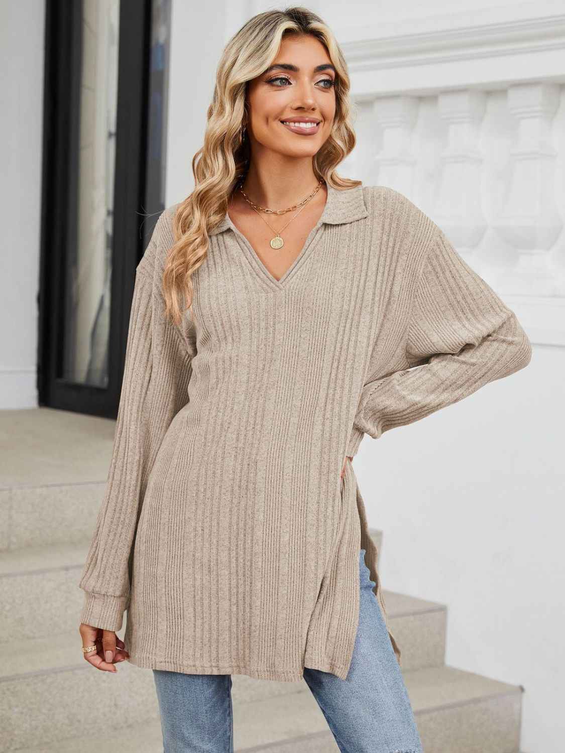 Slit Johnny Collar Long Sleeve T-Shirt - Lojy Shop