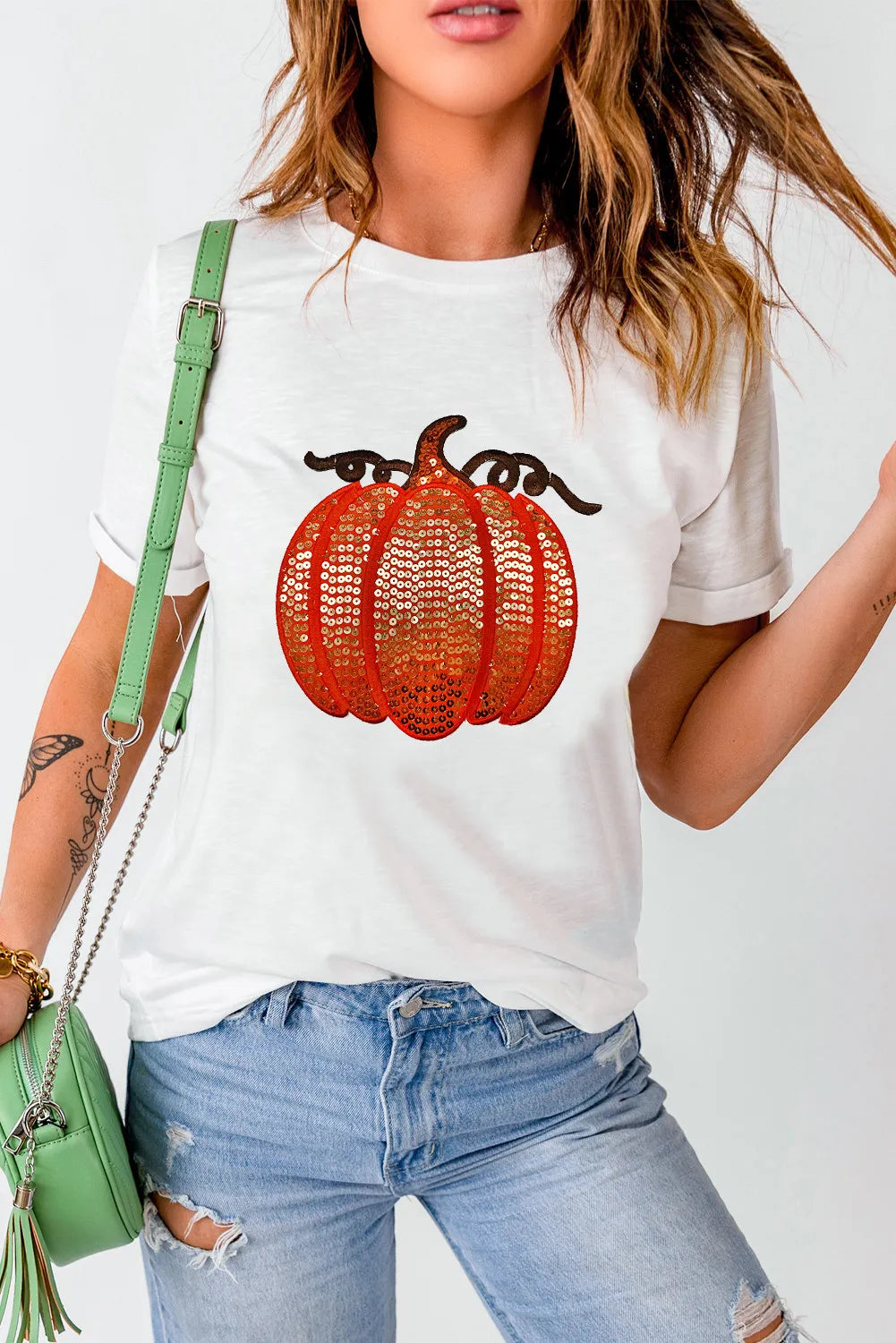 Full Size Sequin Pumpkin Round Neck Short Sleeve T-Shirt - Lojy Shop