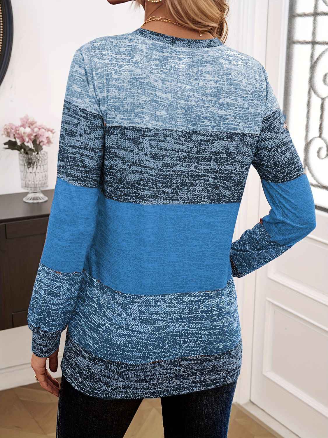 Decorative Button Contrast Round Neck Long Sleeve T-Shirt - Lojy Shop