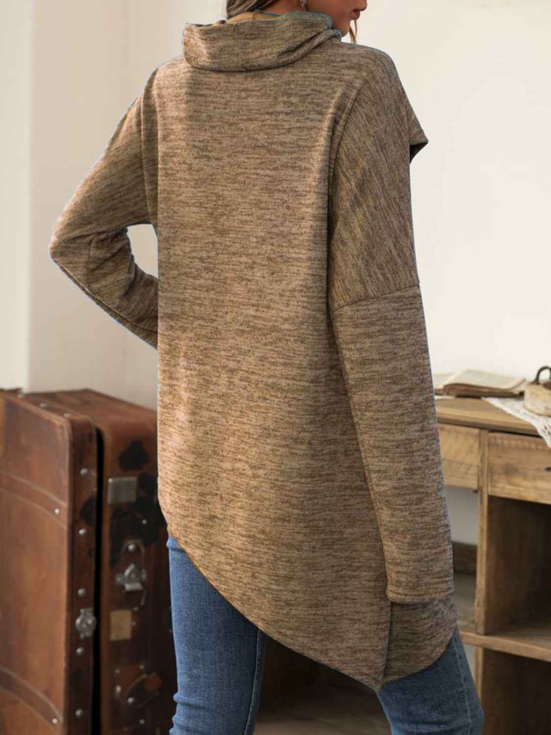 Asymmetrical Hem Cowl Neck Long Sleeve T-Shirt - Lojy Shop