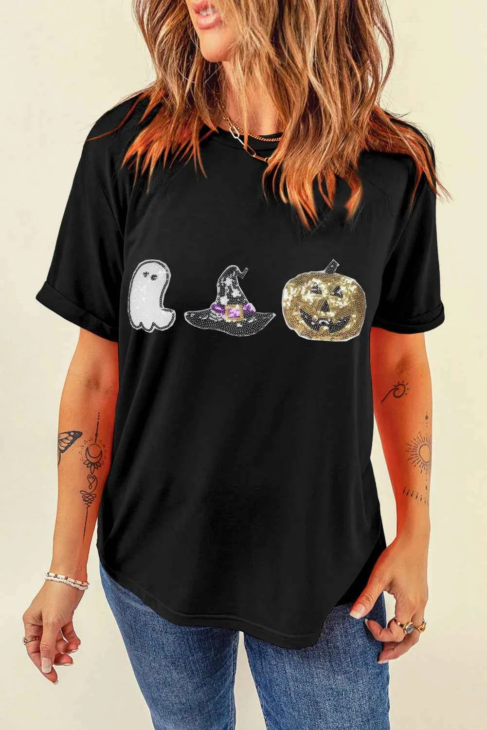 Sequin Round Neck Short Sleeve T-Shirt - Lojy Shop