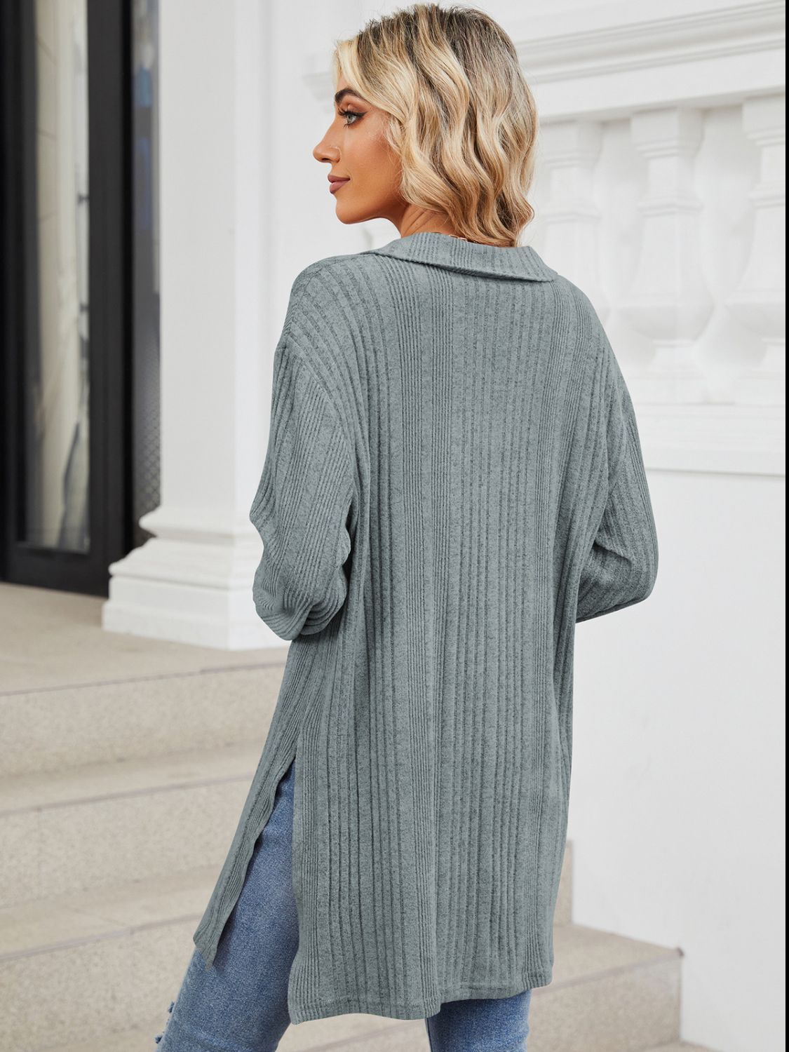Slit Johnny Collar Long Sleeve T-Shirt - Lojy Shop