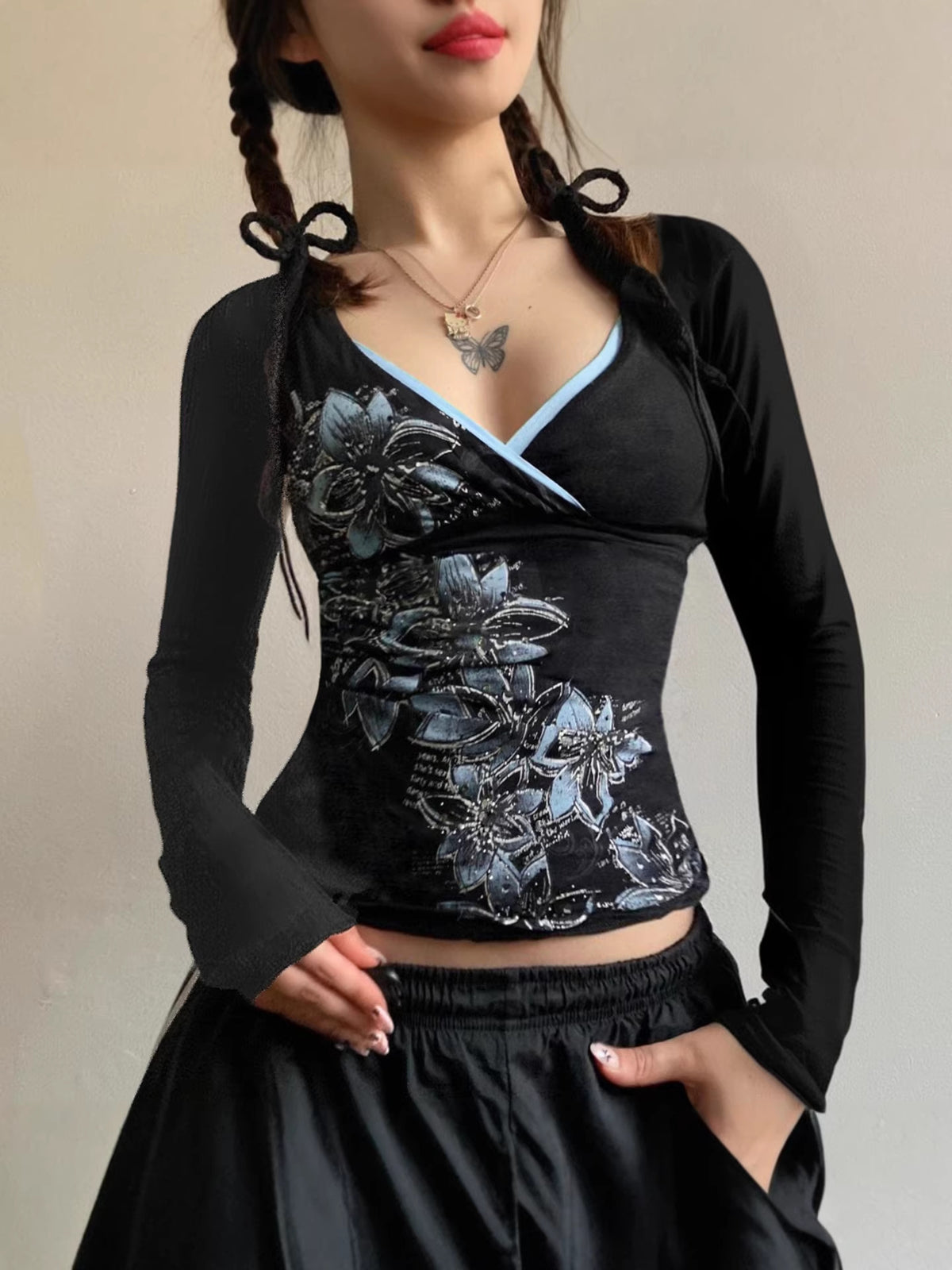 Floral Print V-Neck Long Sleeve T-Shirt
