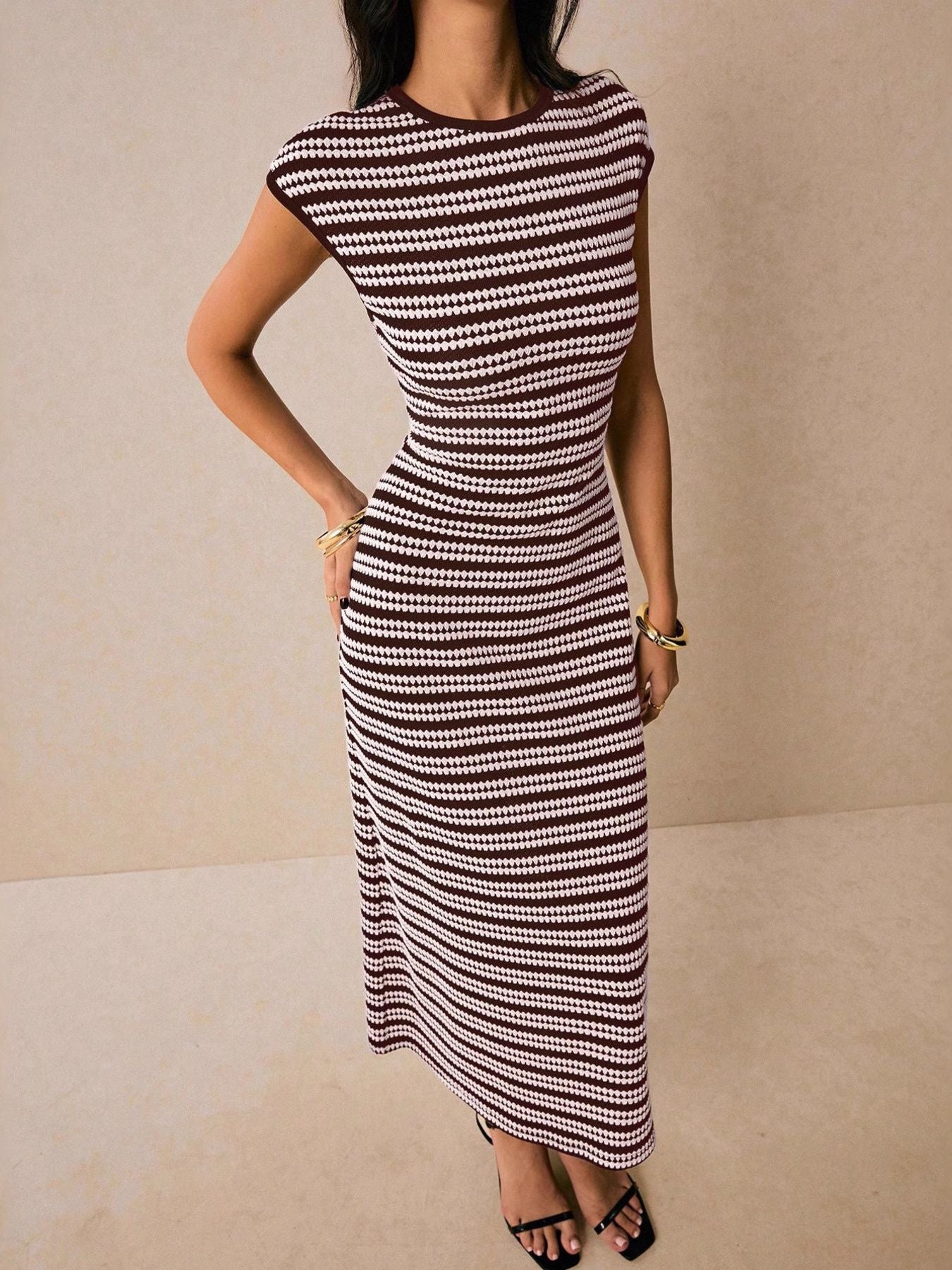 Striped Cap Sleeve Bodycon Midi Dress