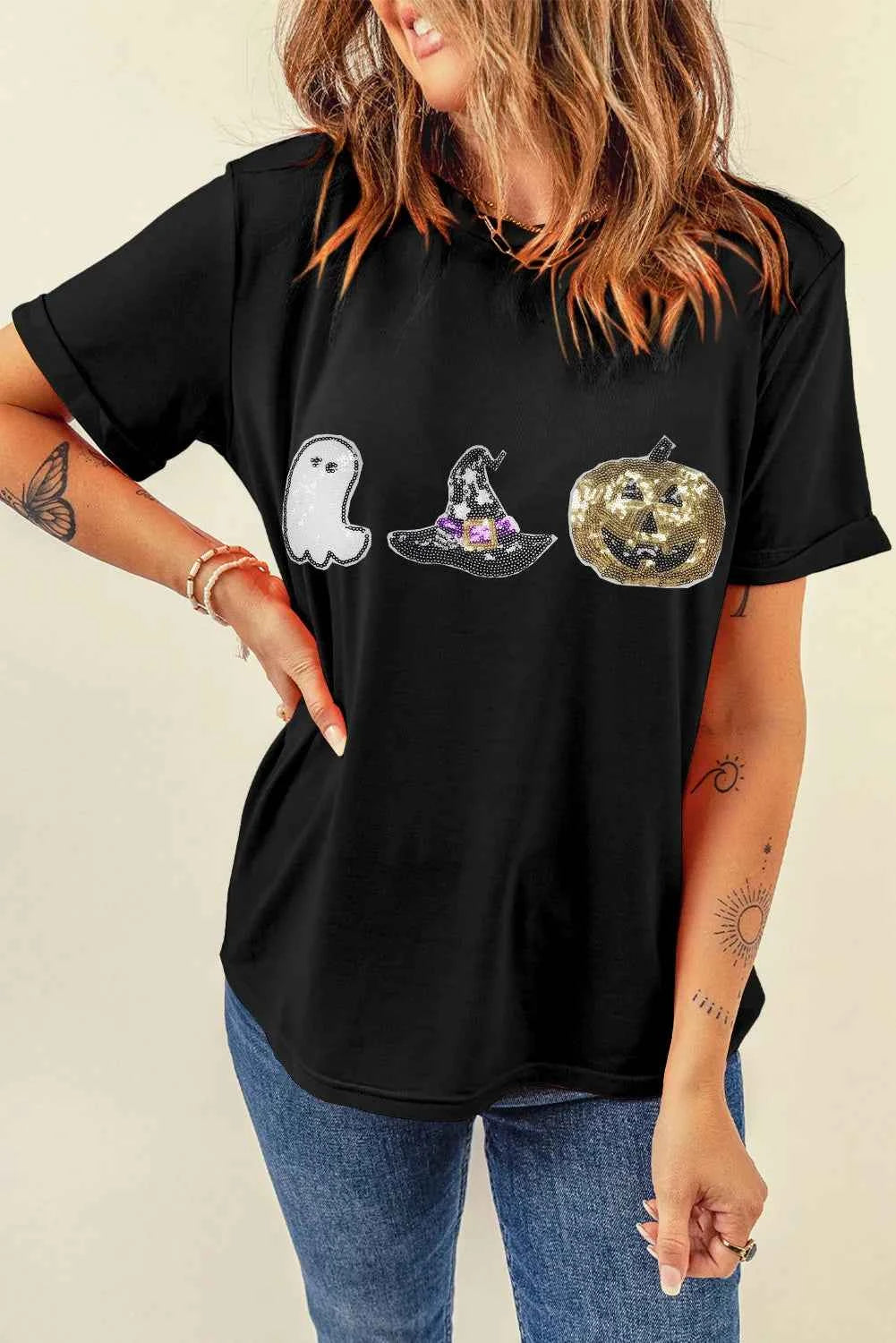 Sequin Round Neck Short Sleeve T-Shirt - Lojy Shop