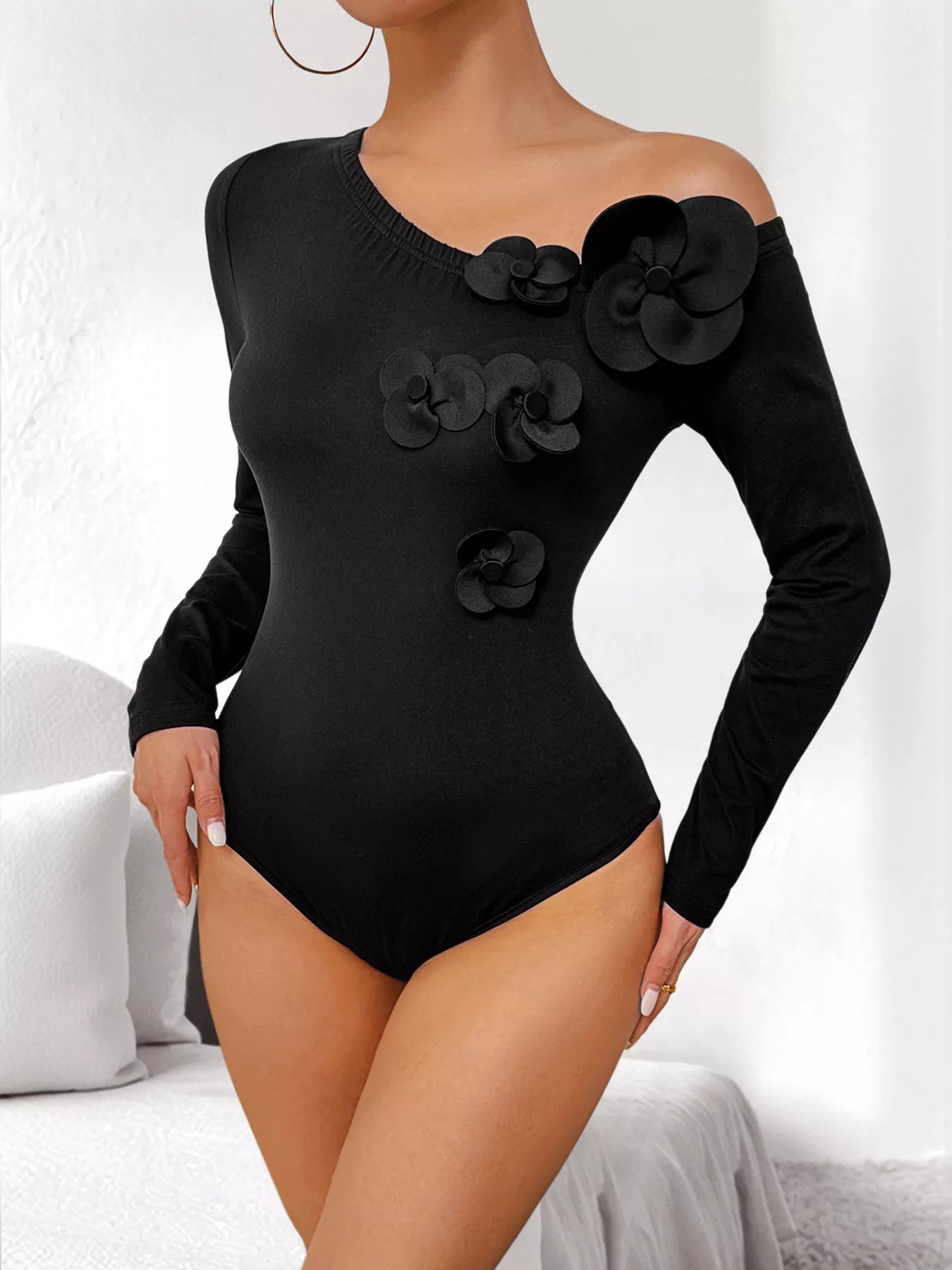 Flower One Shoulder Long Sleeve Bodysuit