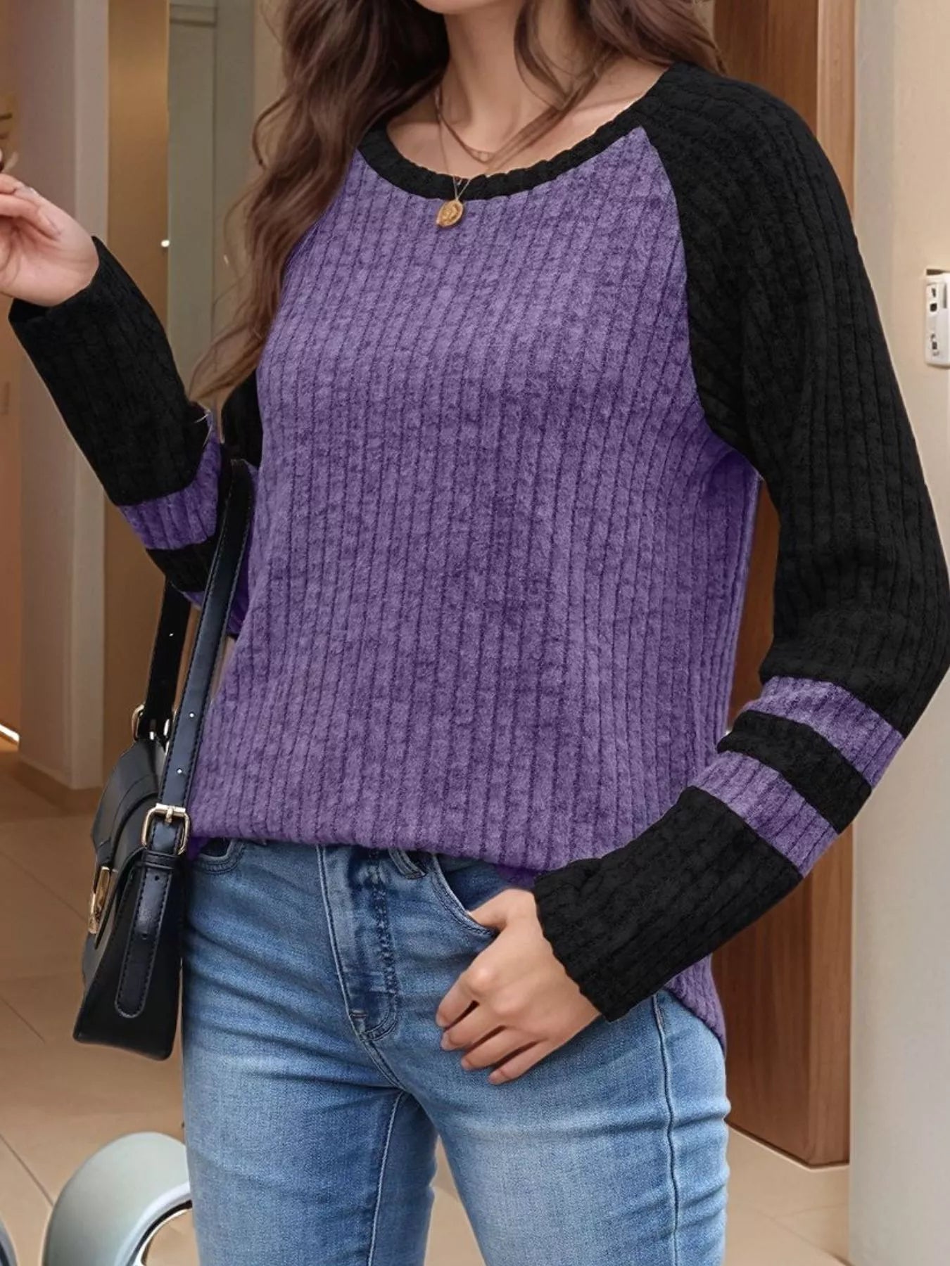Ribbed Round Neck Raglan Sleeve Top