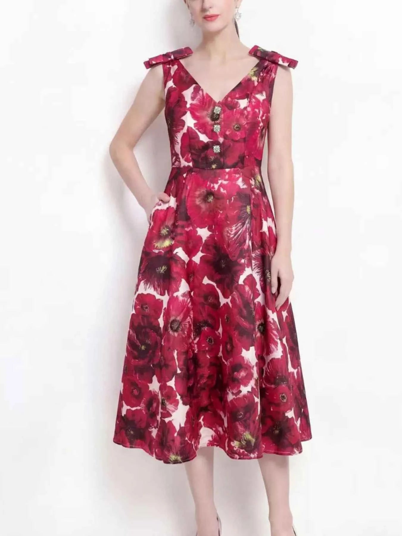 V-Neck Sleeveless Floral Print Midi Dress