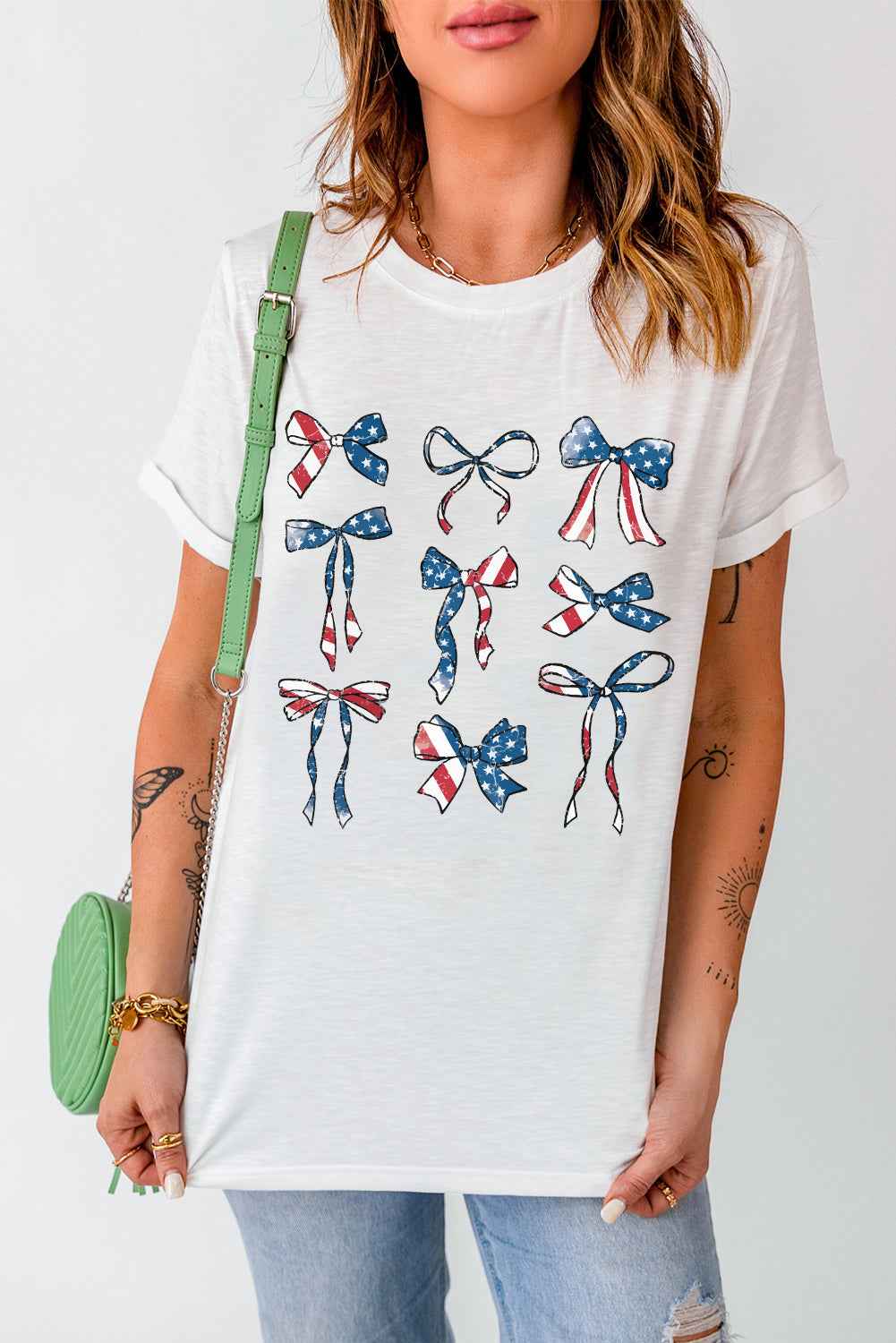 Bow Round Neck Short Sleeve T-Shirt - Lojy Shop