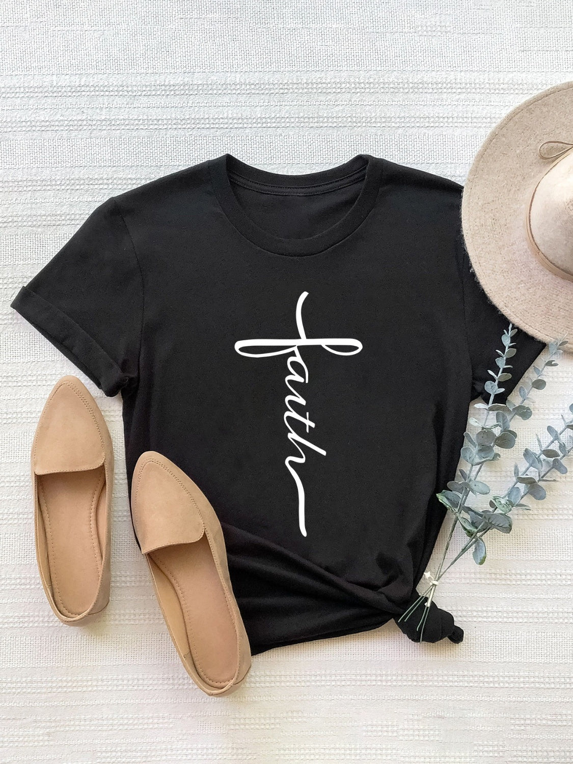 Letter Graphic Round Neck Short Sleeve T-Shirt - Lojy Shop