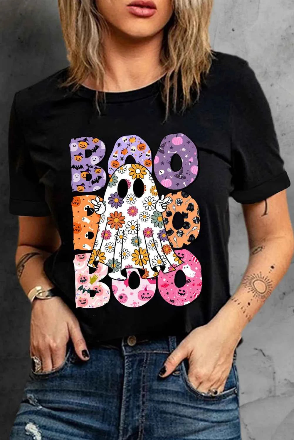 BOO Ghost Graphic Round Neck Short Sleeve T-Shirt - Lojy Shop