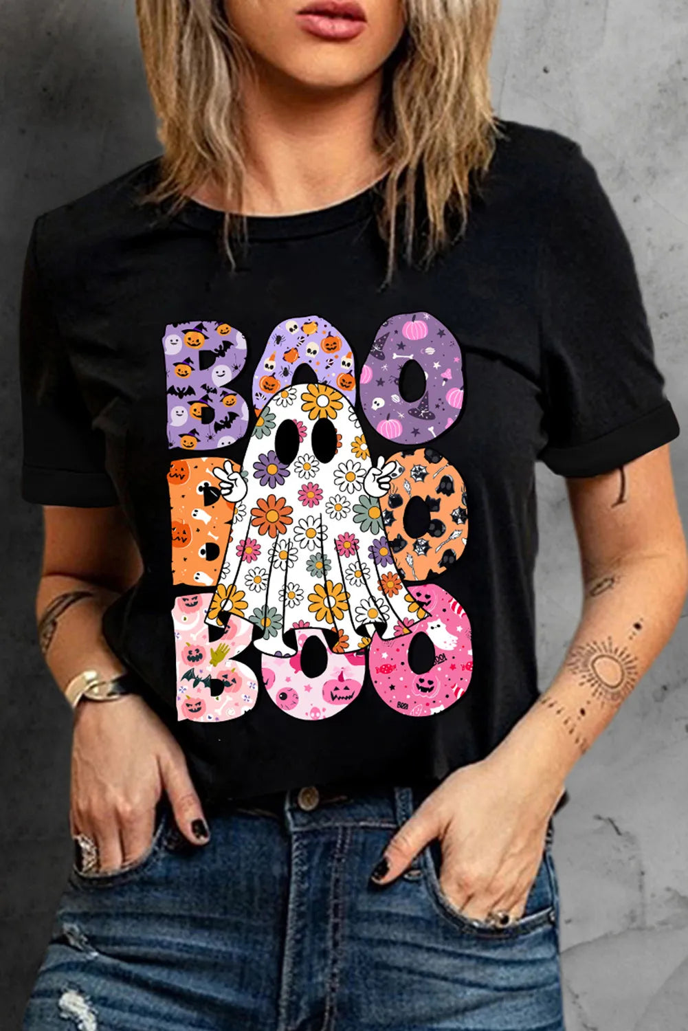 BOO Ghost Graphic Round Neck Short Sleeve T-Shirt - Lojy Shop