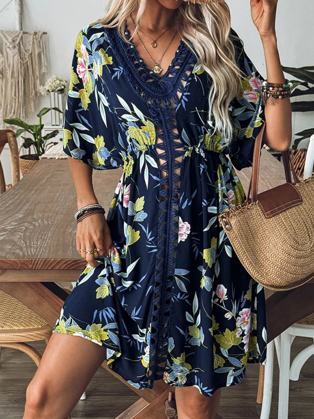 Crochet Front V-Neck Printed Cover-Up