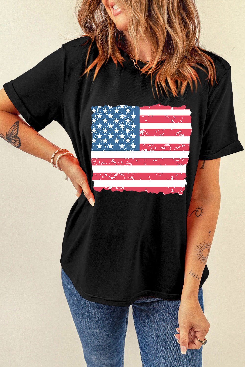 US Flag Round Neck Short Sleeve T-Shirt - Lojy Shop