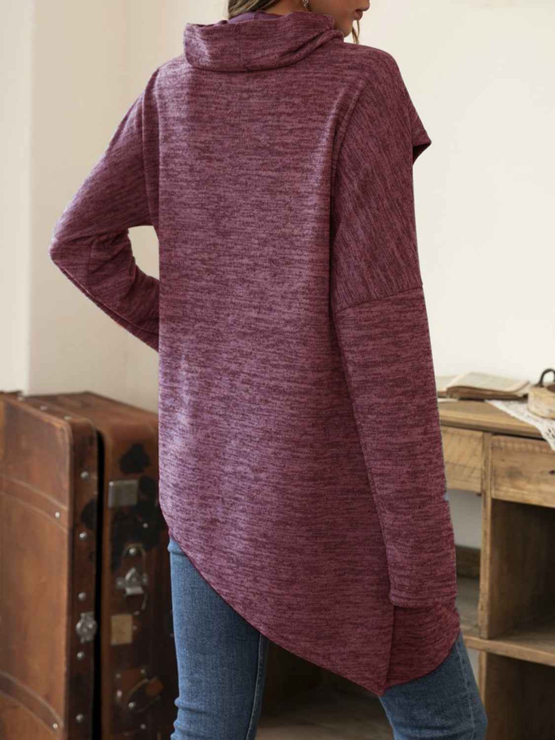 Asymmetrical Hem Cowl Neck Long Sleeve T-Shirt - Lojy Shop