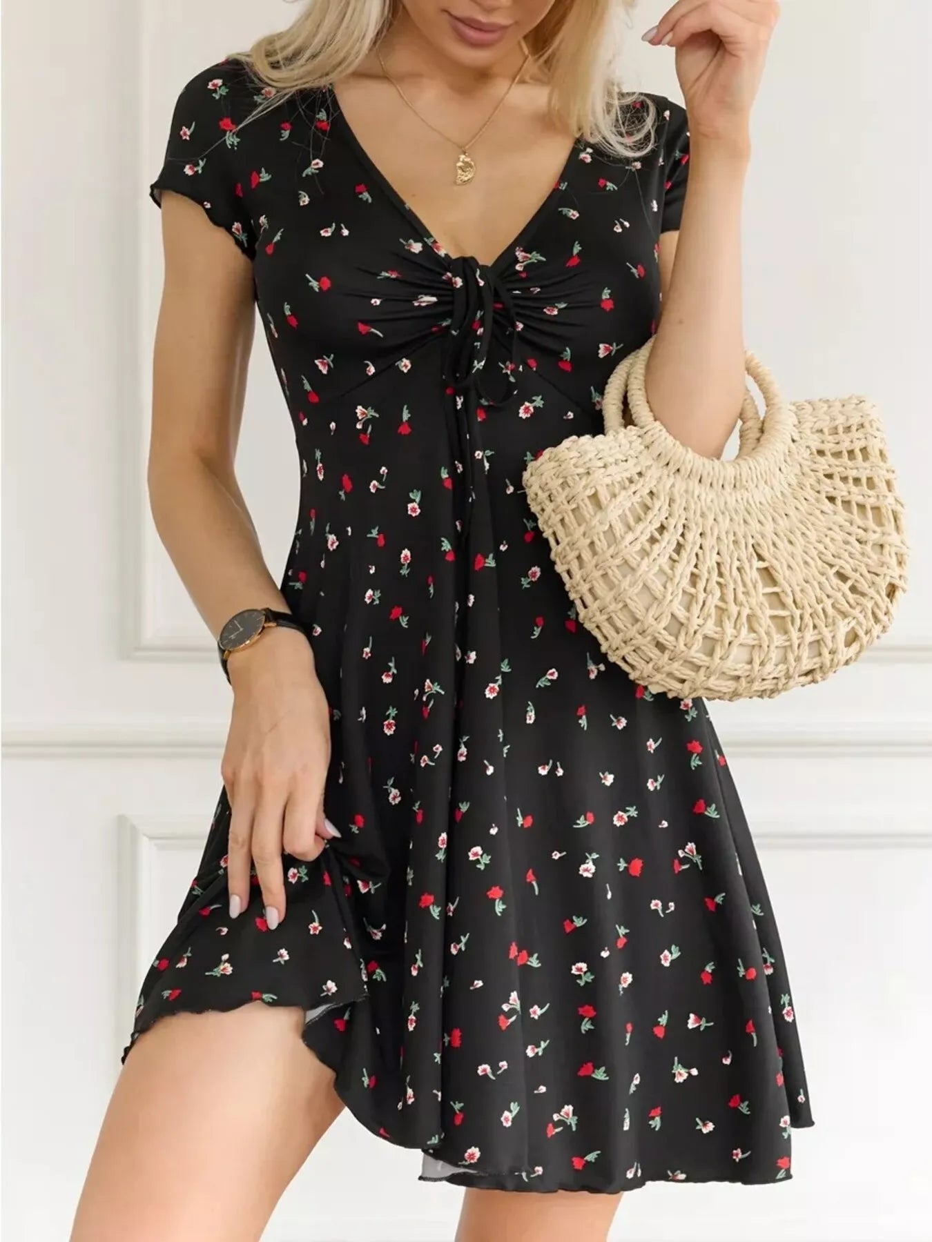 Full Size Tie Front V-Neck Mini Dress Plus Size
