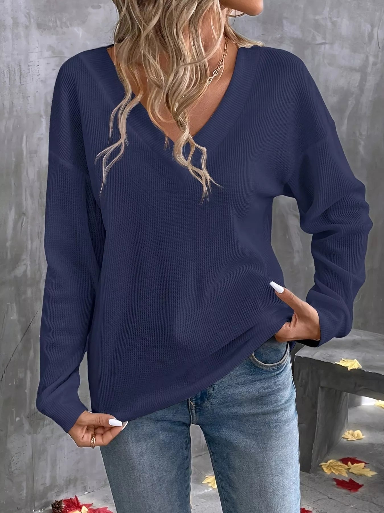 Plus Size V-Neck Long Sleeve Waffle Knit T-Shirt