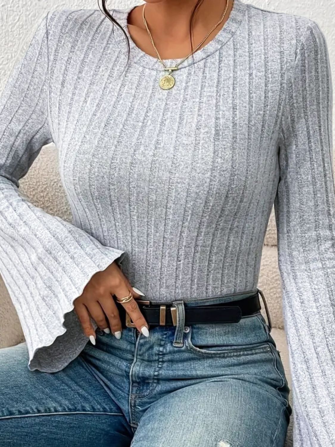 Ribbed Round Neck Flare Sleeve T-Shirt - Lojy Shop