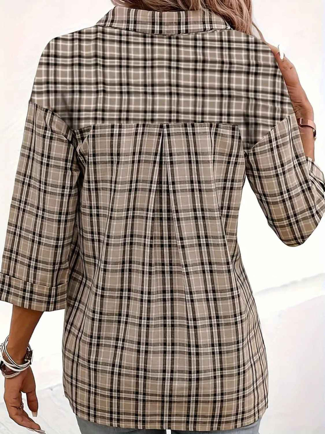 Plaid Johhny Collar Three-Quarter Sleeve T-Shirt - Lojy Shop