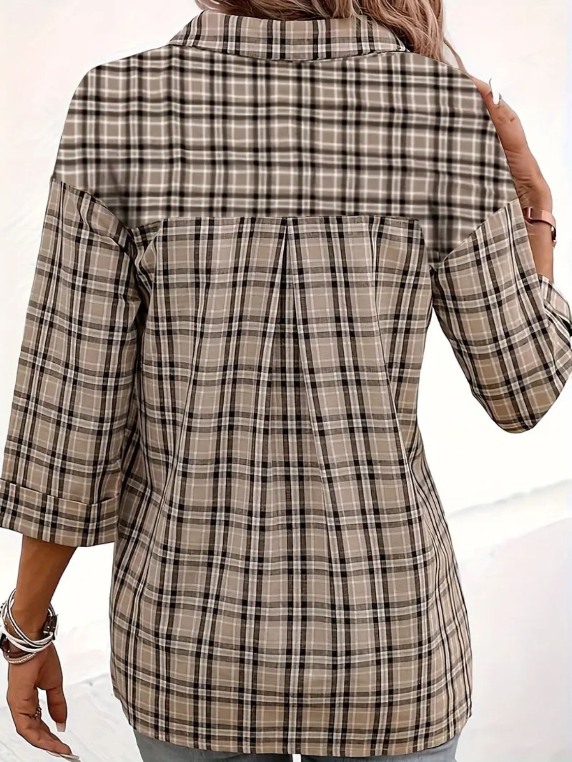 Plaid Johhny Collar Three-Quarter Sleeve T-Shirt - Lojy Shop