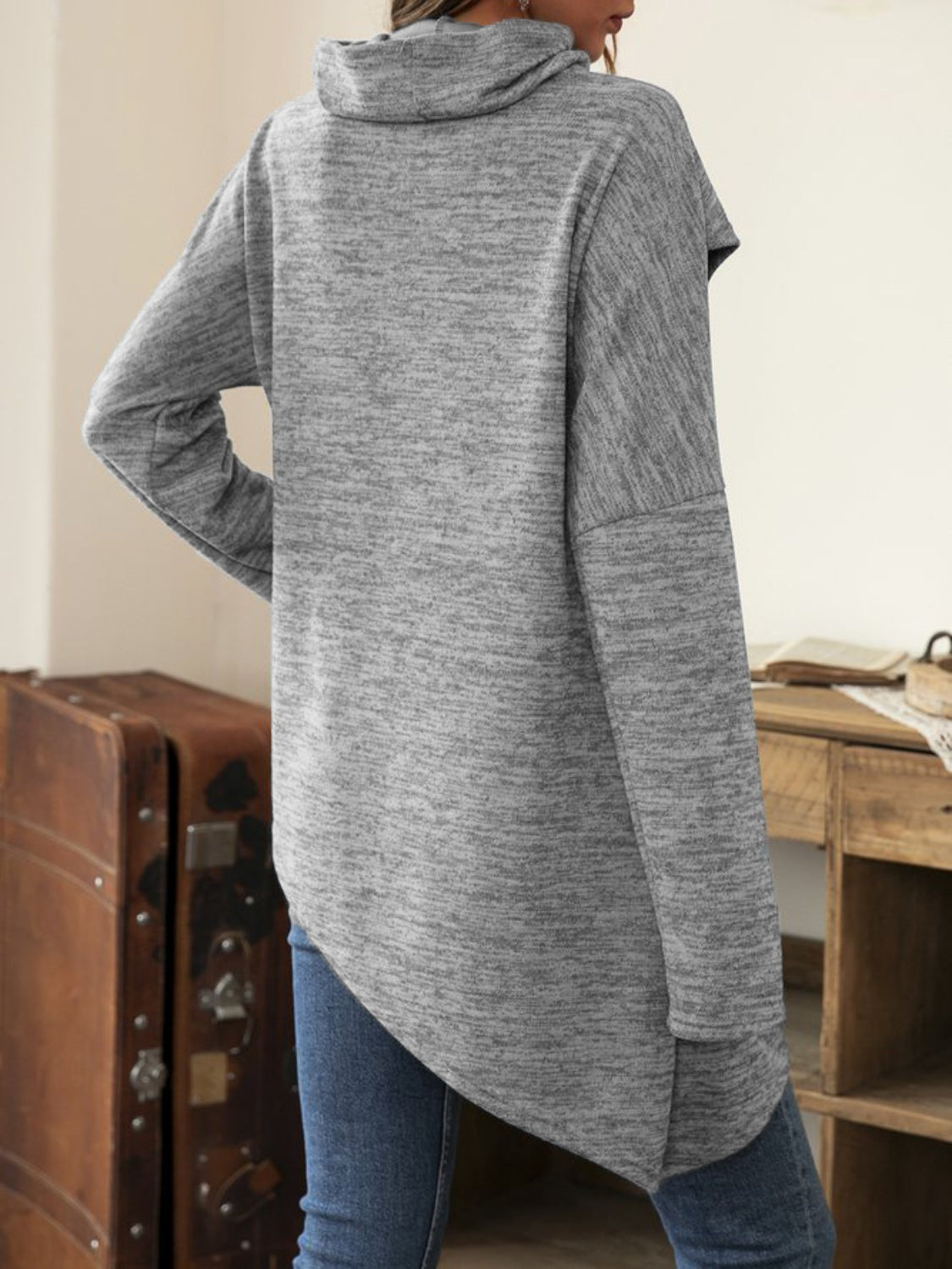Asymmetrical Hem Cowl Neck Long Sleeve T-Shirt - Lojy Shop
