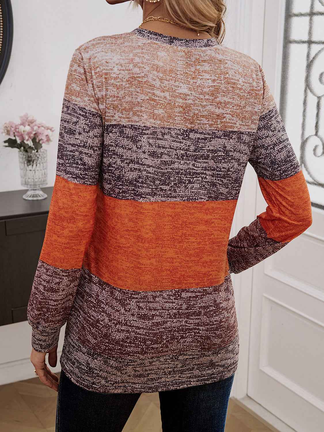 Decorative Button Contrast Round Neck Long Sleeve T-Shirt - Lojy Shop