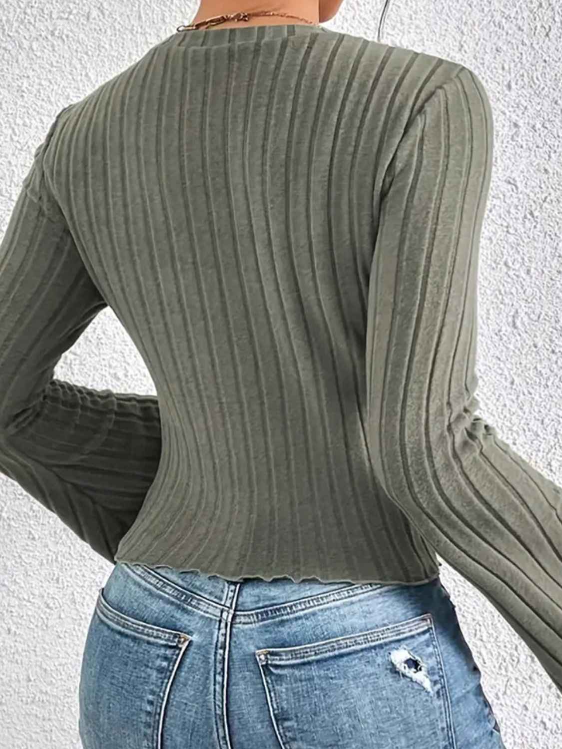 Ribbed Round Neck Flare Sleeve T-Shirt - Lojy Shop