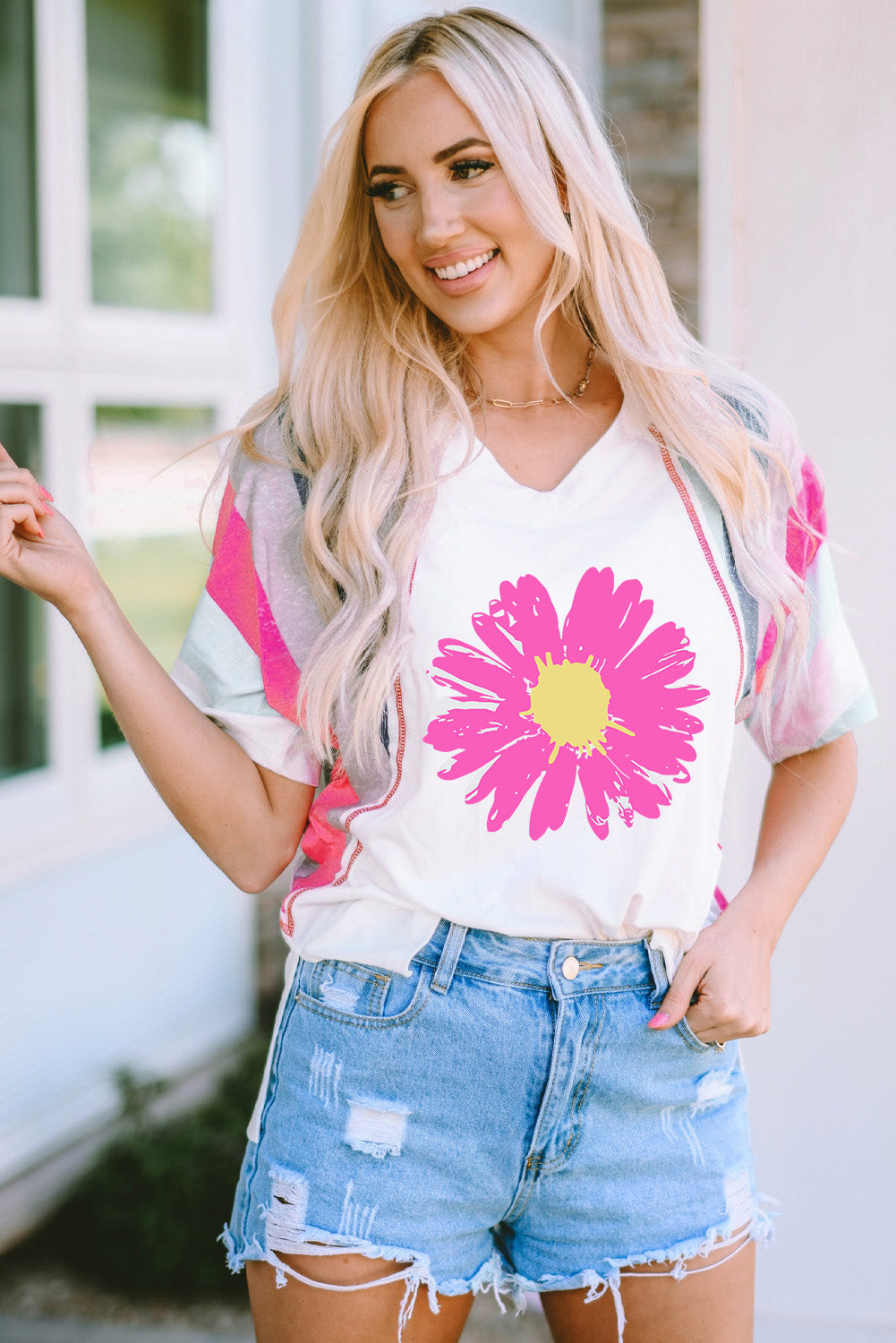 Daisy Graphic V-Neck Half Sleeve T-Shirt - Lojy Shop