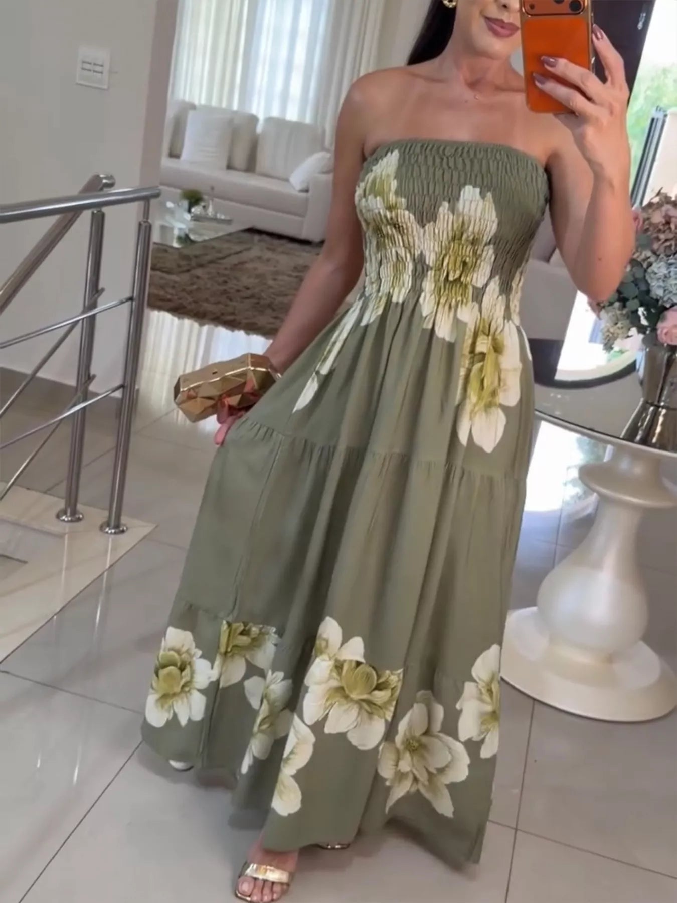 strapless dress gown Strapless Long Floral-Print Prom Dress with Ruffles Blue / 6