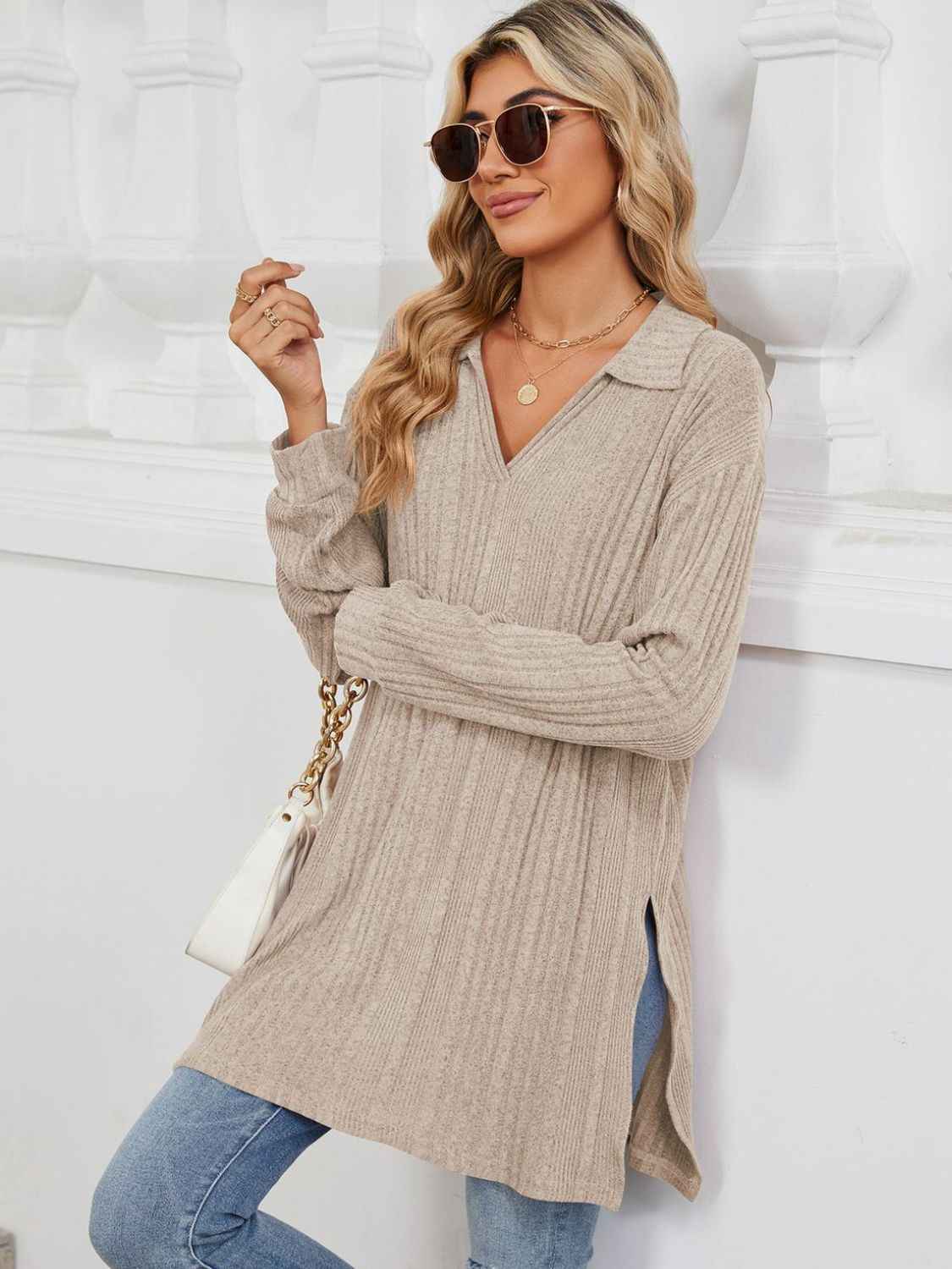 Slit Johnny Collar Long Sleeve T-Shirt - Lojy Shop