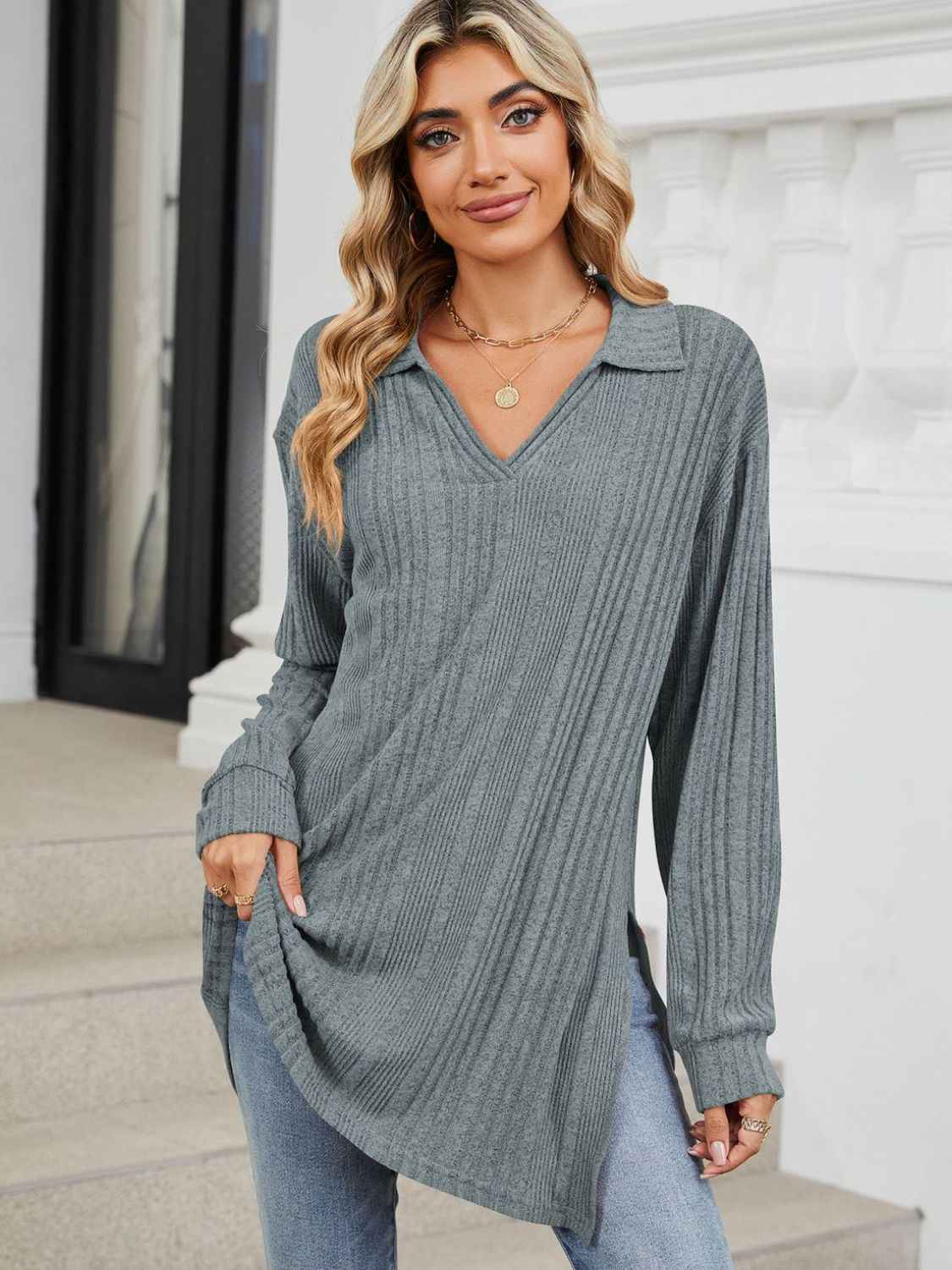 Slit Johnny Collar Long Sleeve T-Shirt - Lojy Shop