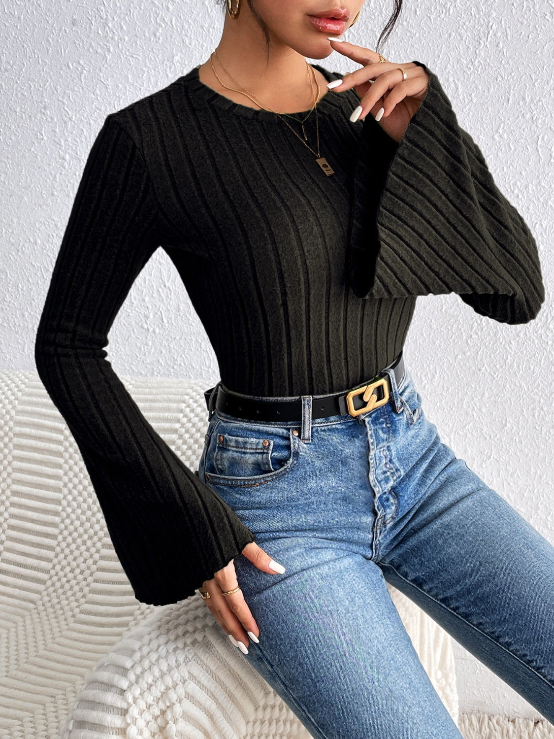 Honey Round Neck Flare Sleeve T-Shirt - Lojy Shop