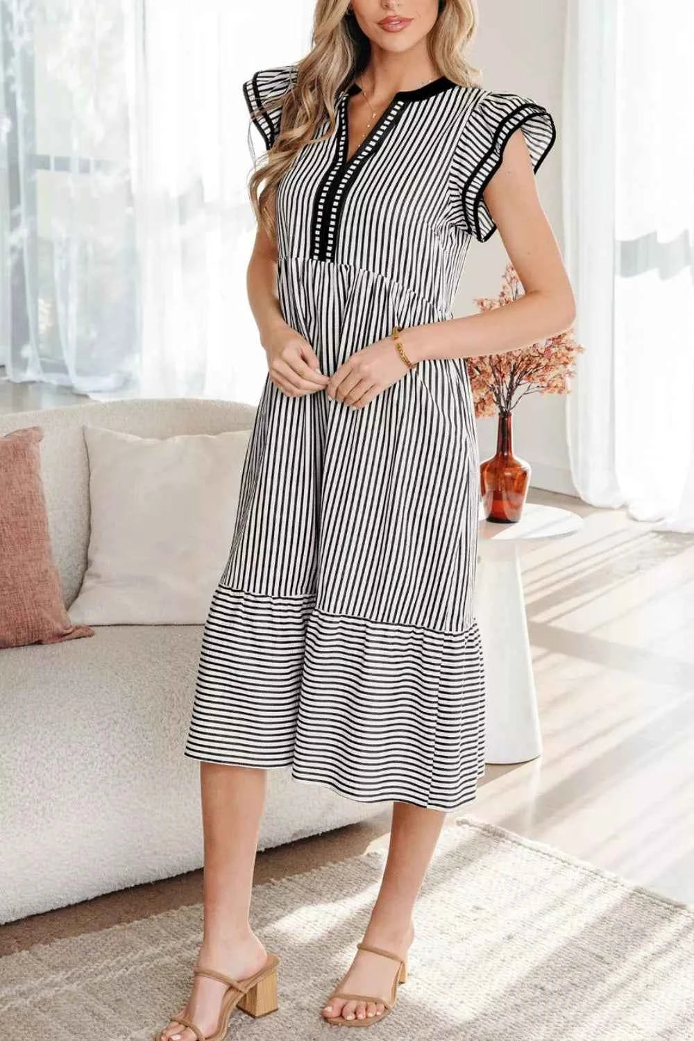 Striped Ruffle Sleeve Tiered Midi Dress